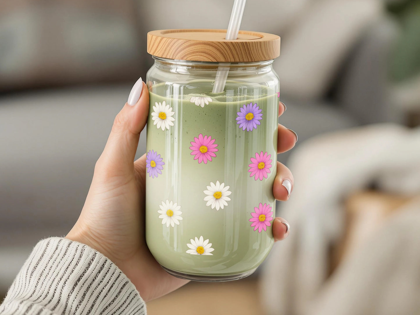 Floral Glass Mason Jar with Bamboo Lid, Reusable Straw, Hand-Painted Daisies and Pink Flowers Design