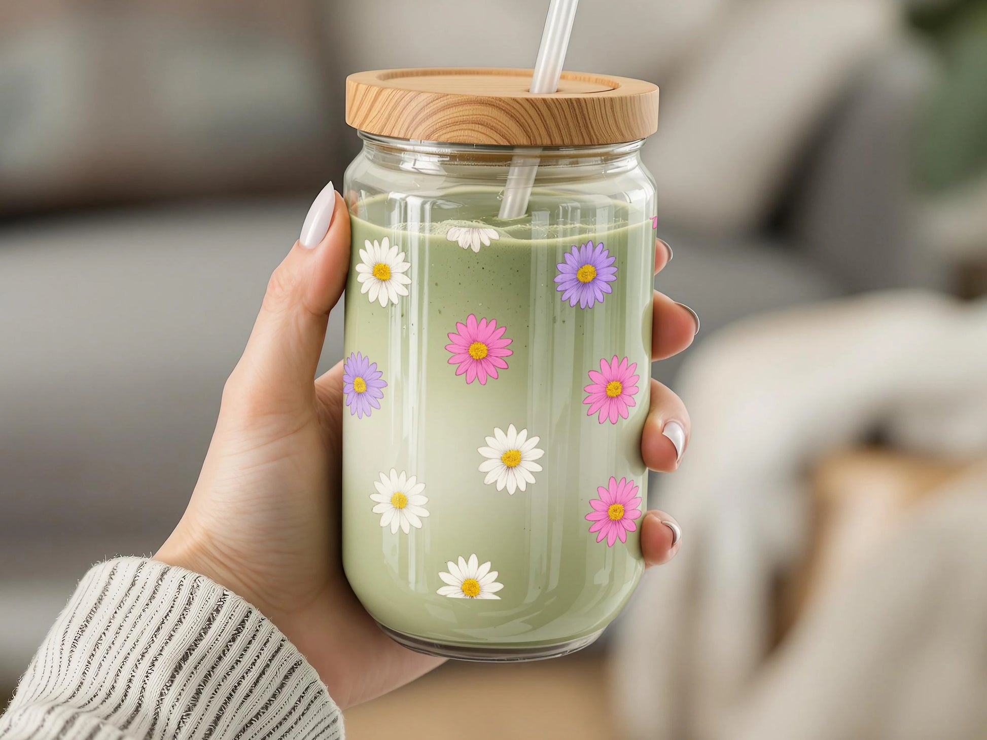 Floral Glass Mason Jar with Bamboo Lid, Reusable Straw, Hand-Painted Daisies and Pink Flowers Design