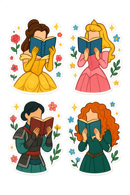 Princess Book Lover Stickers, Fairy Tale Reading Decals, Colorful Floral Fantasy, Cute Journal Accessories, Vinyl Waterproof Stickers