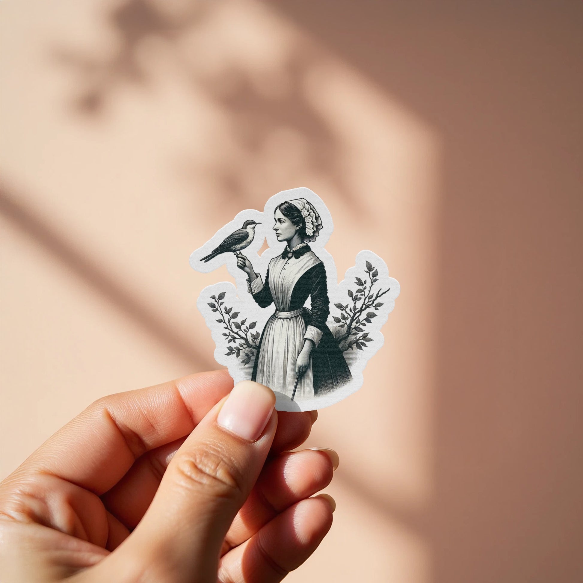 Vintage Style Woman with Bird Sticker, Classic Illustration, Floral Background, Unique Adhesive Decal for Journals and Laptops