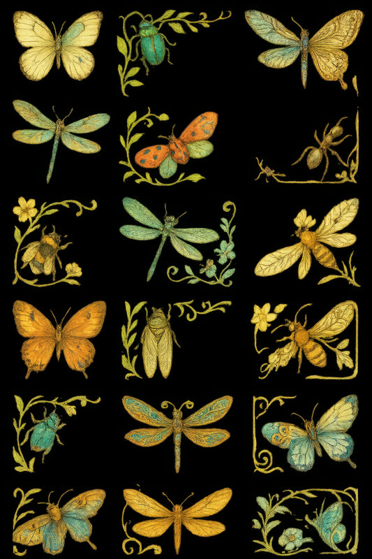 Vintage Botanical Insect Illustration Print Set, Dragonfly Butterfly Moth Decor