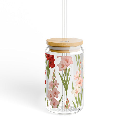 Floral Glass Storage Jar with Bamboo Lid, Kitchen Organizer Container, Colorful Flower Design