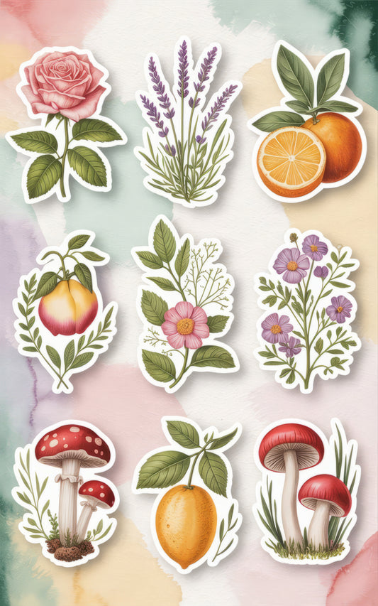 Floral and Fruit Watercolor Stickers, Rose Lavender Lemon Peach, Botanical Decals, Nature-Inspired Stationery, Mushroom Orange Art
