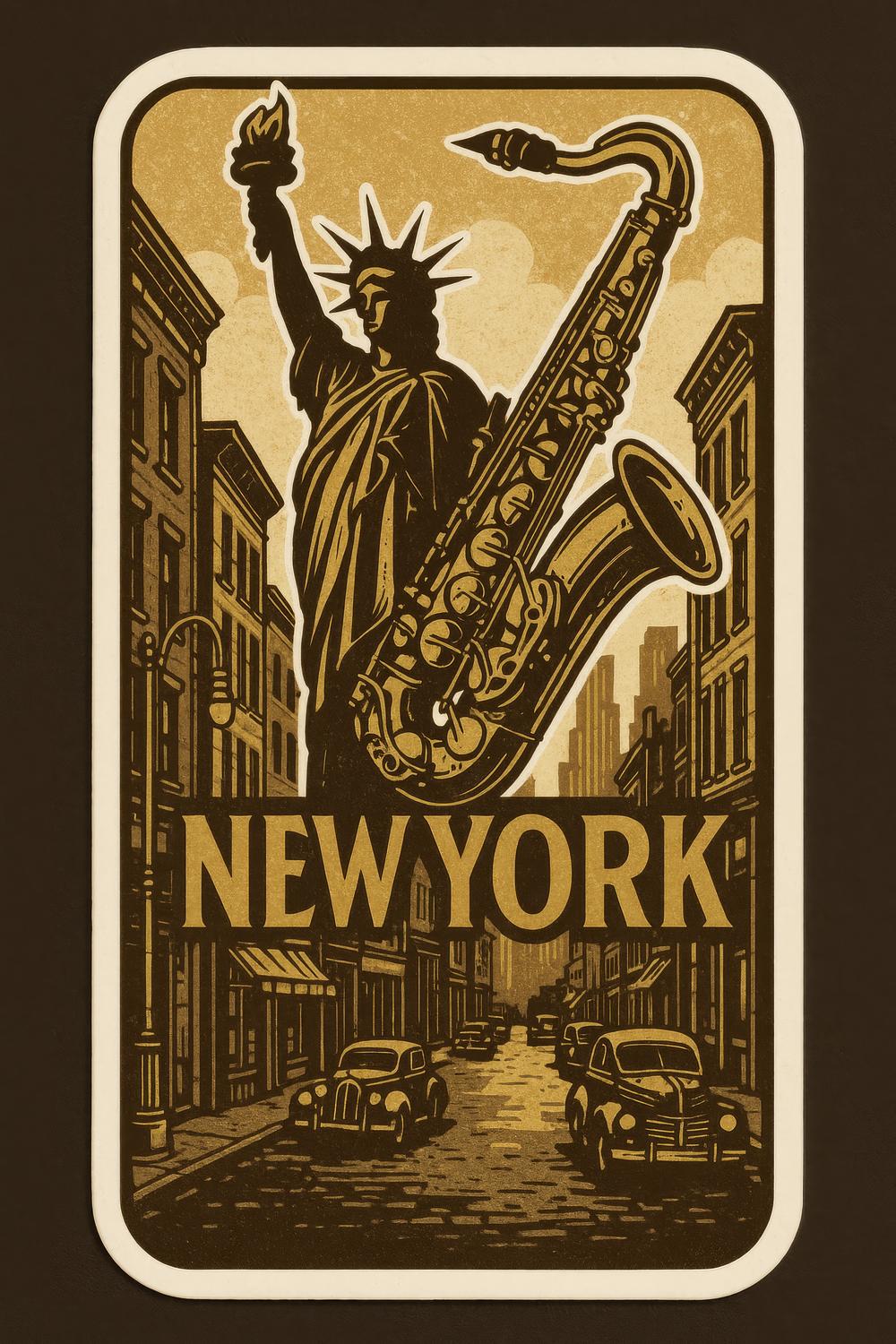 Vintage New York Poster, Art Deco Style, Statue of Liberty with Saxophone, Retro Wall Art, Unique Home Decor, Gift Idea
