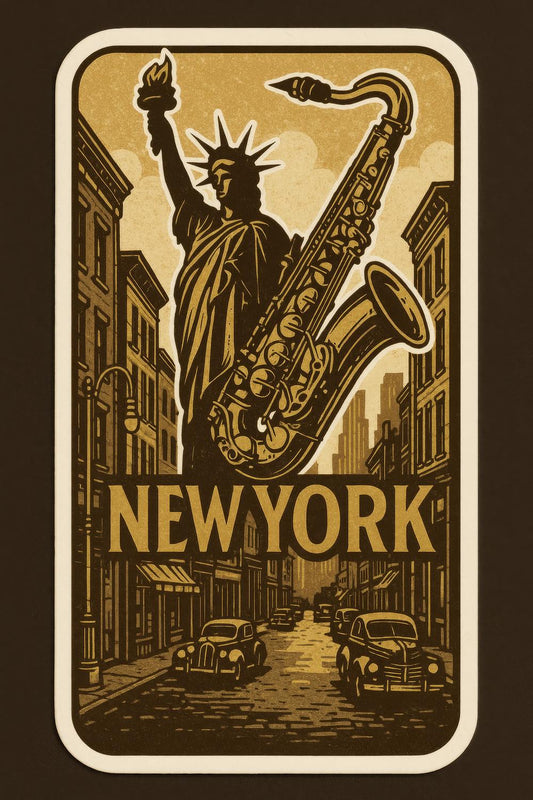 Vintage New York Poster, Art Deco Style, Statue of Liberty with Saxophone, Retro Wall Art, Unique Home Decor, Gift Idea