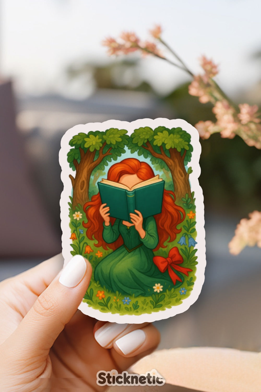 Enchanted Forest Reading Girl Sticker, Lush Woodland Art, Nature-inspired Outdoor Imagery, Decorative Laptop Decal