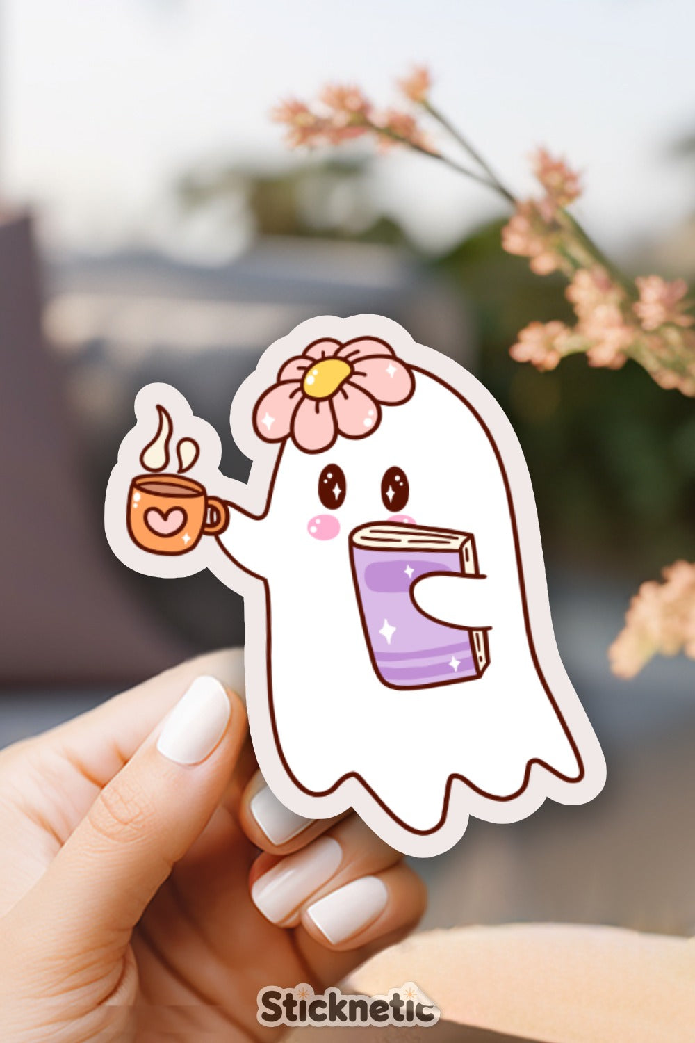 Ghost with Flower Holding Book and Coffee Sticker product