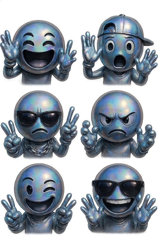 Set of Six Smiley Face Emoticons Figurines, Cool Expressive Desk Decor, Unique Collectible Art Statues, Home Office Decoration