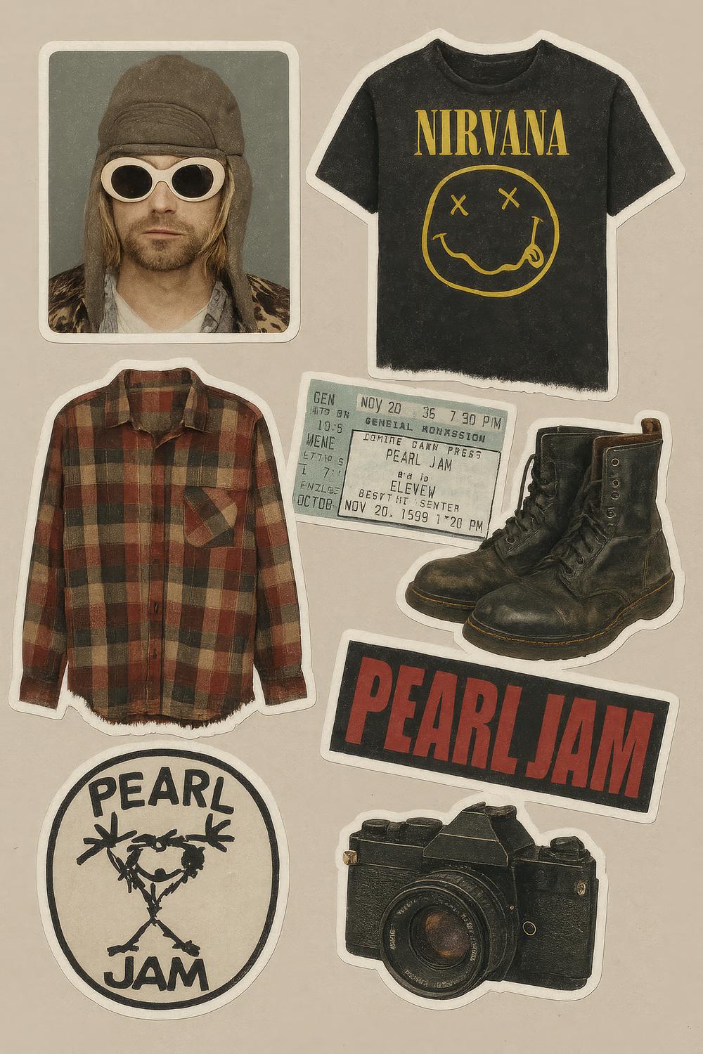 Vintage 90s Band T-Shirts, Grunge Flannel Jackets, Retro Concert Posters, Classic Leather Boots