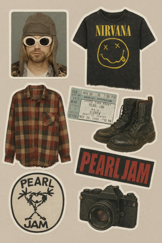 Vintage 90s Band T-Shirts, Grunge Flannel Jackets, Retro Concert Posters, Classic Leather Boots
