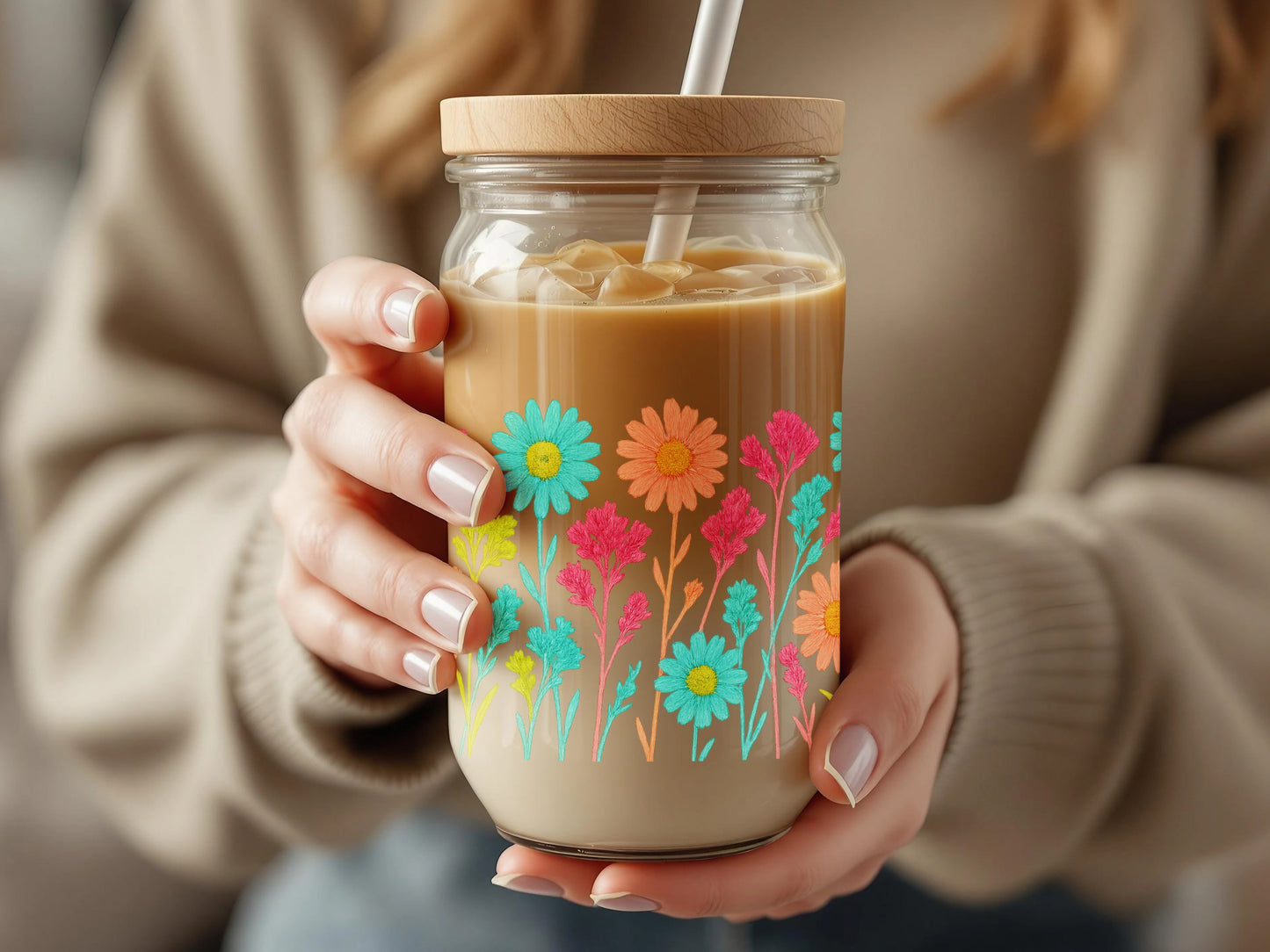 Colorful Floral Reusable Glass Coffee Cup, Insulated Flower Pattern Travel Mug, Eco-Friendly Drinkware, Unique Gift Idea