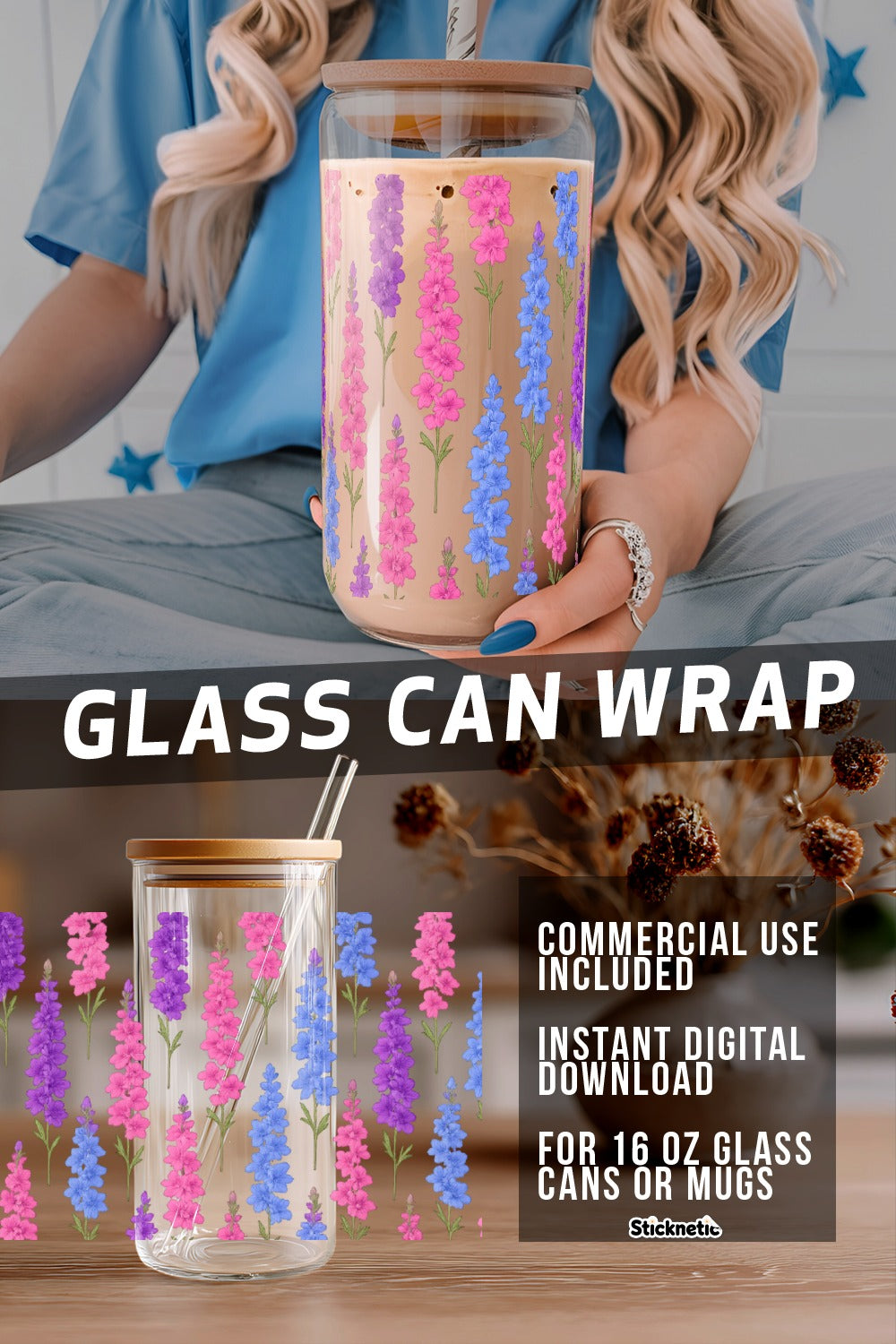 Floral Glass Can Wrap SVG, Digital Download for 16 oz Mugs, Colorful Lavender Pattern, DIY Tumbler Print Design, Custom Mug Decoration