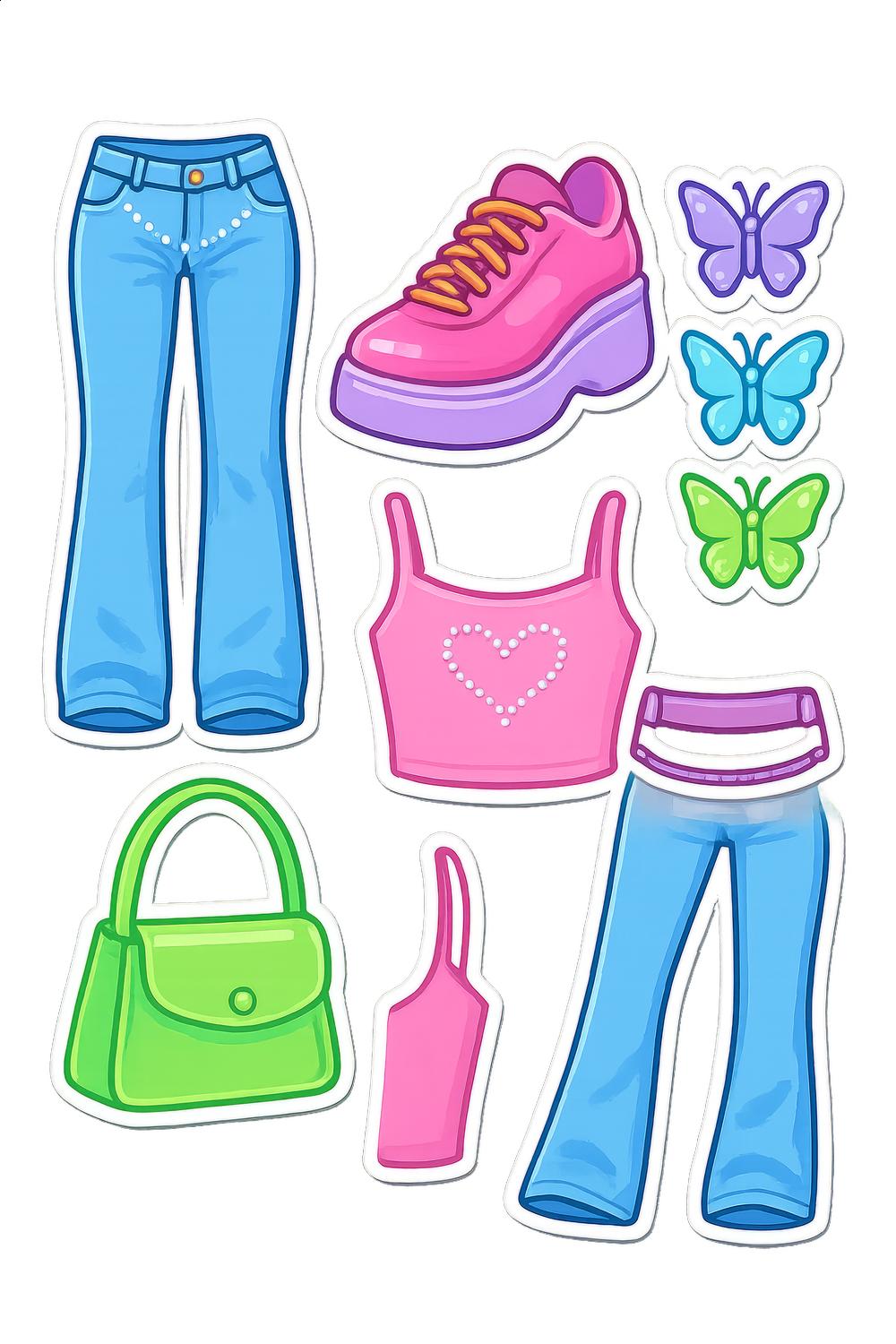 Cute Fashion Stickers, Jeans, Sneakers, Butterflies, Bag, Top, Bright Colors, Vinyl Decal Set