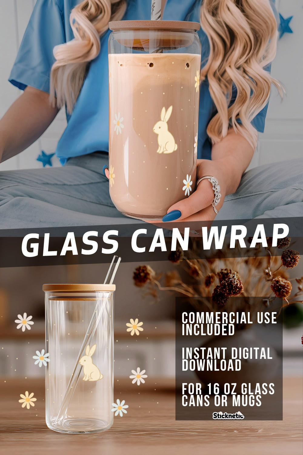 Bunny Graphic Glass Can Wrap, Instant Digital Download, Clear 16 oz Mug Design, Home Decor