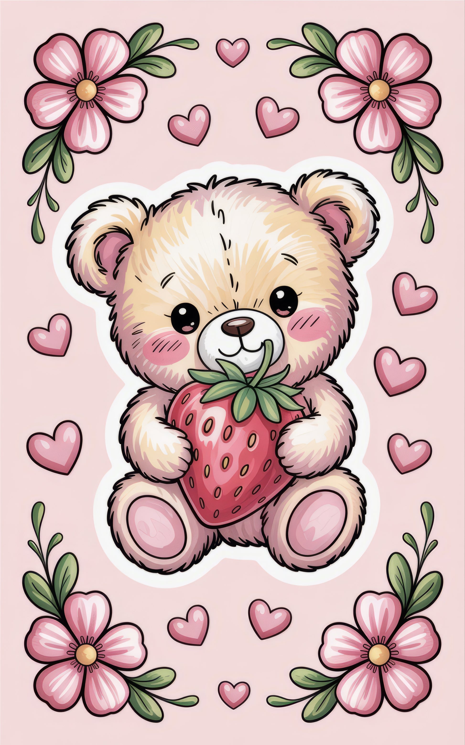 Cute Teddy Bear with Strawberry Illustration, Nursery Wall Art, Pink Floral Decor, Baby Room Poster, Adorable Animal Print Gift