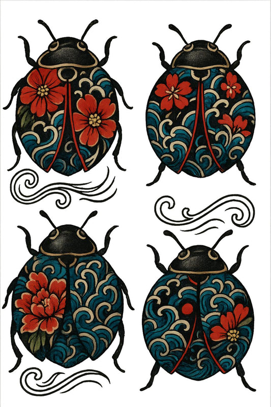Decorative Floral Beetle Art Prints, Colorful Insect Illustrations, Vintage Style Wall Decor Set