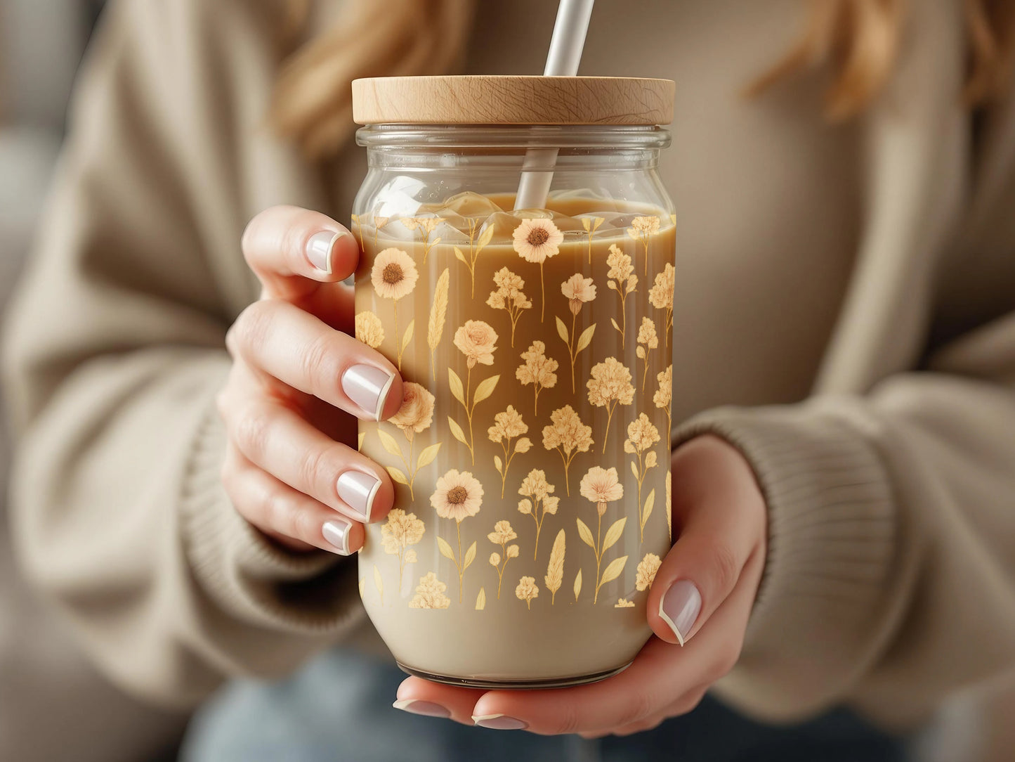 Floral Printed Mason Jar Tumbler, Insulated Drinkware with Straw, Stylish Eco-Friendly Beverage Container