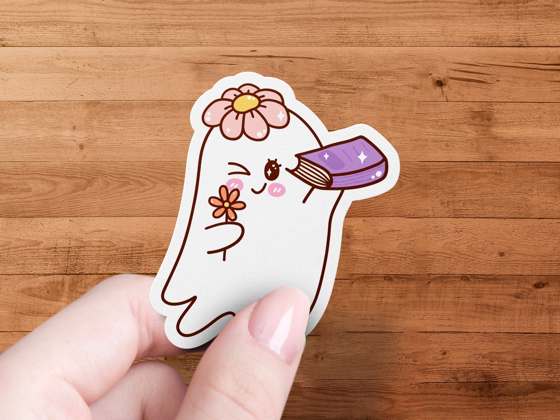 Cute Ghost with Flower and Book Sticker product type