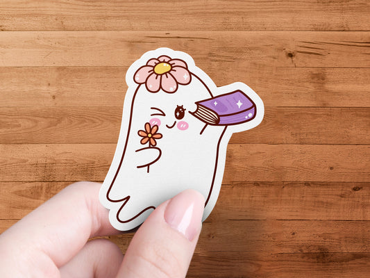 Cute Ghost with Flower and Book Sticker product type