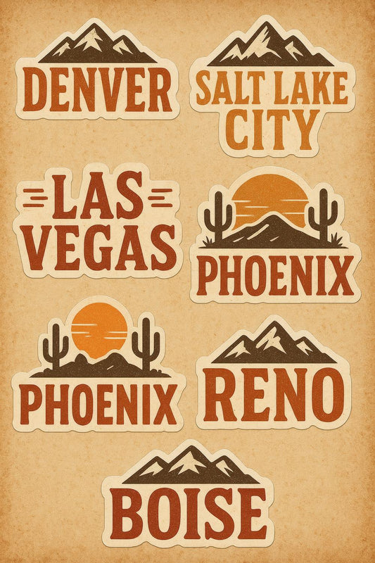 Vintage City Label Stickers, Denver, Salt Lake, Las Vegas, Phoenix, Reno, Boise, Travel Decals
