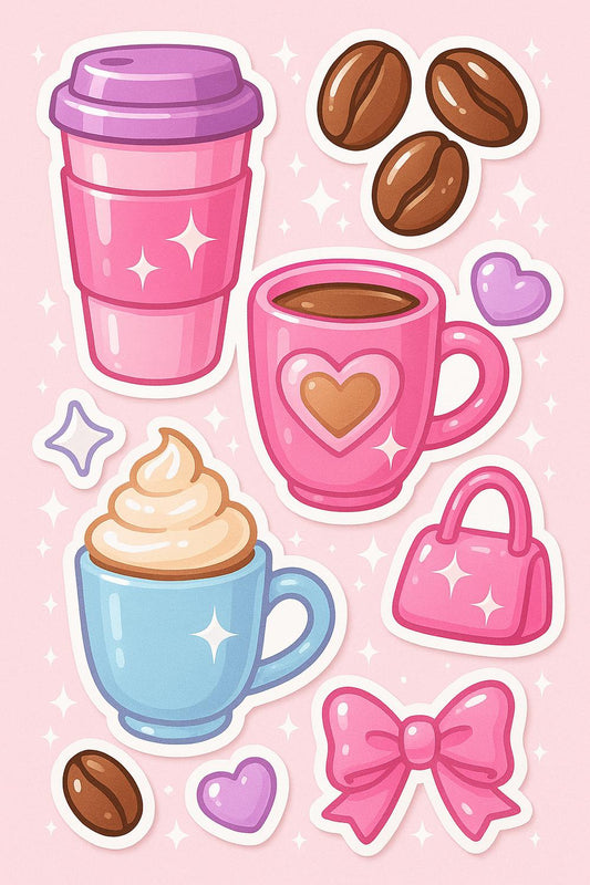 Cute Coffee and Tea Stickers, Pink Cup, Heart, Bow, Beans, Kawaii Stationery Decals