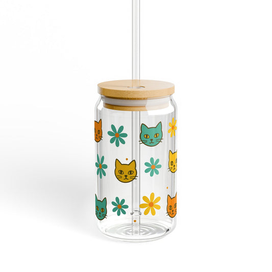 Colorful Cat and Flower Design Glass Drinking Jar with Straw, Eco-Friendly Reusable Water Bottle