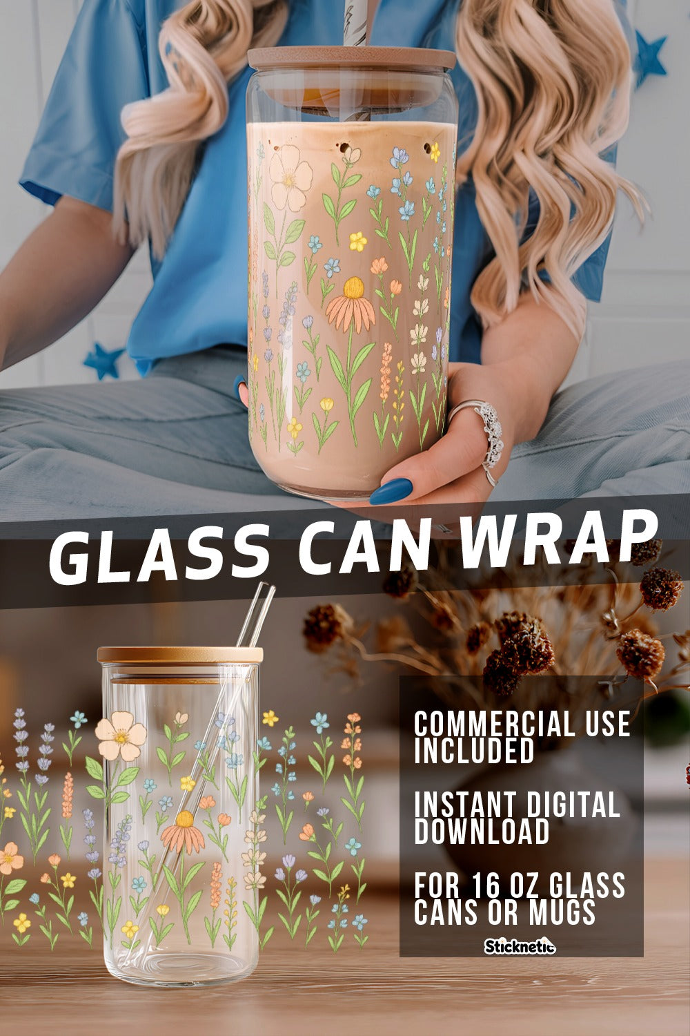 Glass Can Wrap Digital Download, Floral Design, Commercial Use, Fits 16 Oz Mugs and Cans