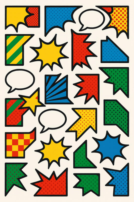 Colorful Comic Book Speech Bubbles Wall Art, Pop Art Decor, Vintage Cartoon Panels, Retro Shapes and Patterns, Bright Home Decor