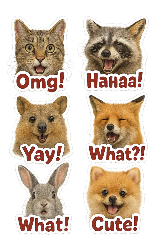 Cute Animal Stickers Set, Cartoon Cat, Raccoon, Quokka, Fox, Bunny Designs, Expressive Text, Scrapbooking, Laptop Decals