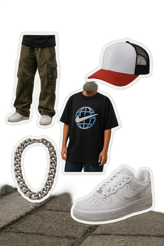 Urban Streetwear Essentials Bundle, Graphic Tee, Cargo Pants, Cap, Chain, and Sneakers Set