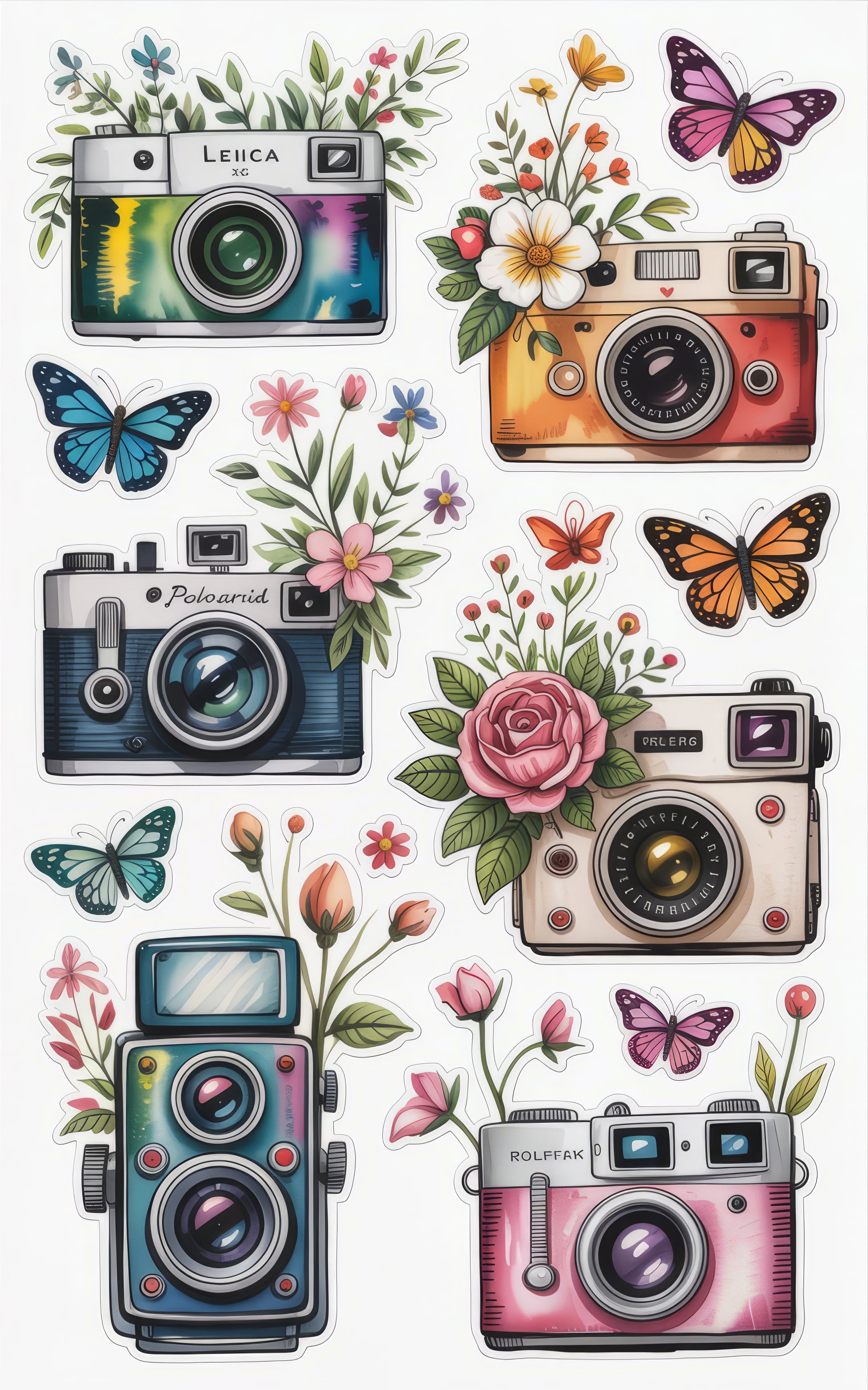 Vintage Camera Stickers with Floral and Butterfly Accents, Retro Photography Decals, Colorful Camera-Themed Stationery Decor