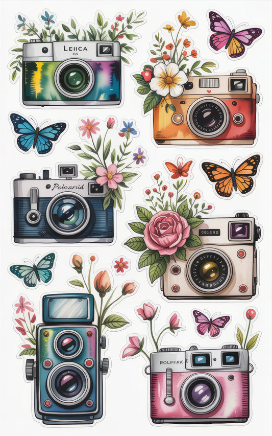 Vintage Camera Stickers with Floral and Butterfly Accents, Retro Photography Decals, Colorful Camera-Themed Stationery Decor
