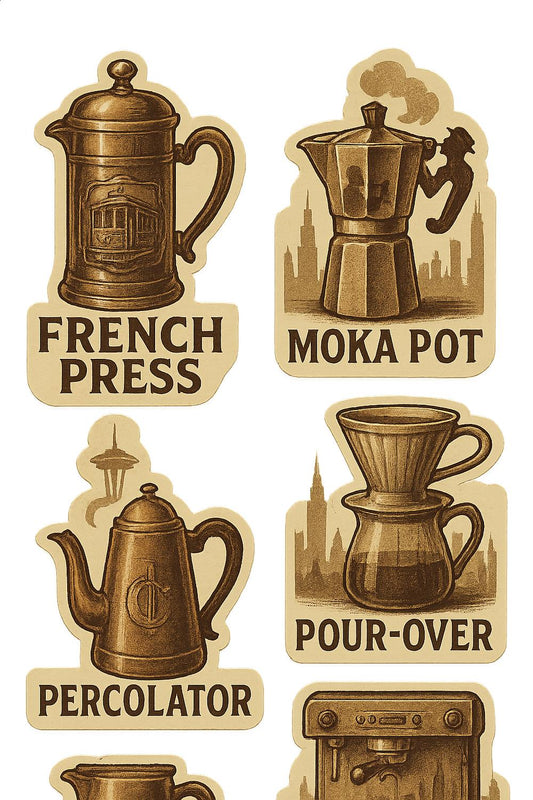 Vintage Coffee Maker Sticker Set, French Press, Moka Pot, Pour-Over, Percolator Designs, Kitchen Decor