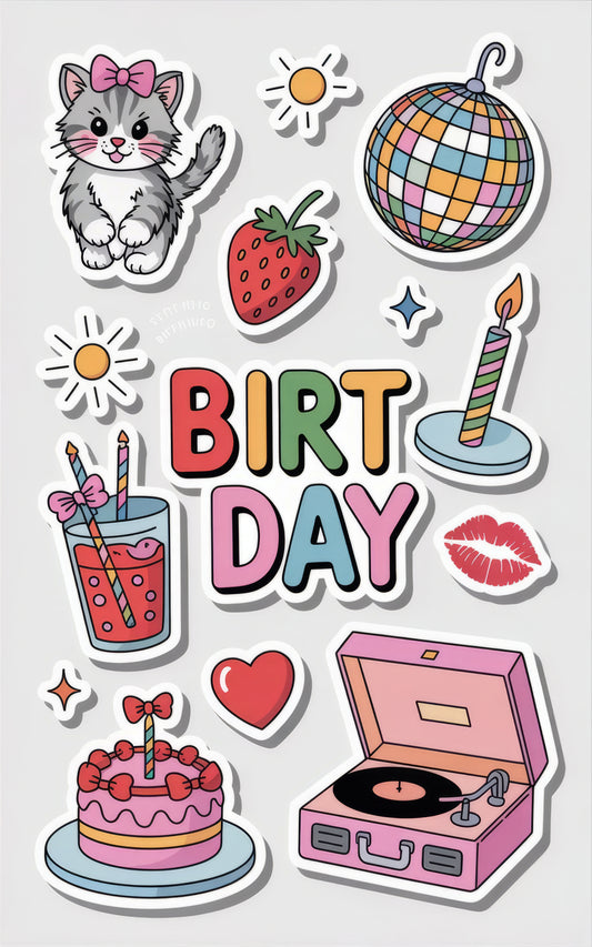 Cute Birthday Sticker Pack, Colorful Cat, Vinyl Disco Ball, Retro Turntable, Drink and Cake Designs for Party Favors