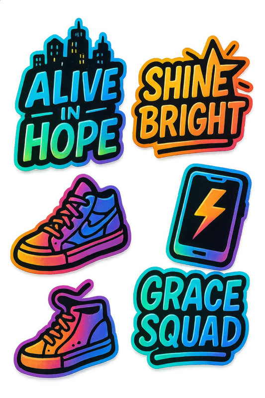 Colorful Neon Stickers Alive in Hope, Shine Bright, Grace Squad, Sneaker Designs Trendy Decorative Decals