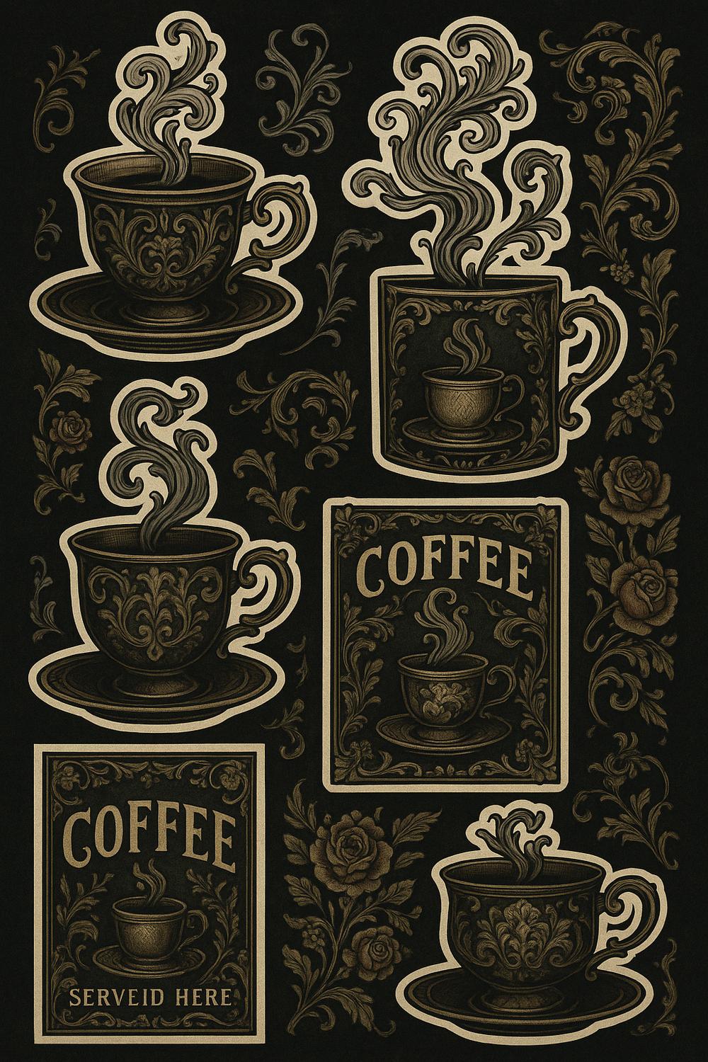 Vintage Coffee Art Print, Victorian Style Coffee Cups, Black Gold Posters, Kitchen Wall Decor, Elegant Coffee Illustrations