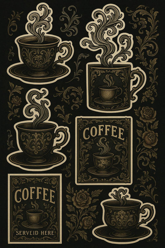 Vintage Coffee Art Print, Victorian Style Coffee Cups, Black Gold Posters, Kitchen Wall Decor, Elegant Coffee Illustrations
