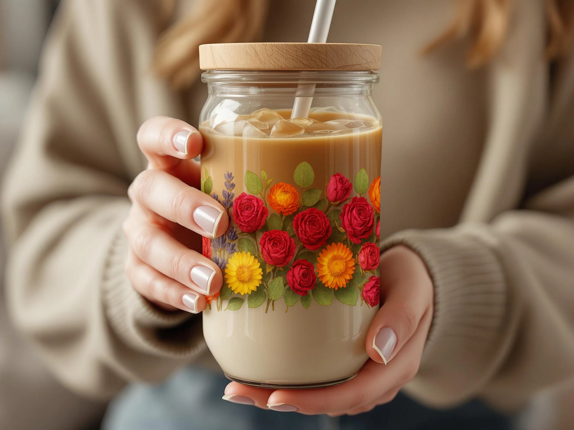 Floral Glass Coffee Mug, Reusable Iced Coffee Cup with Flowers, Hand-Painted Roses and Daisies Design, Eco-Friendly Drinkware