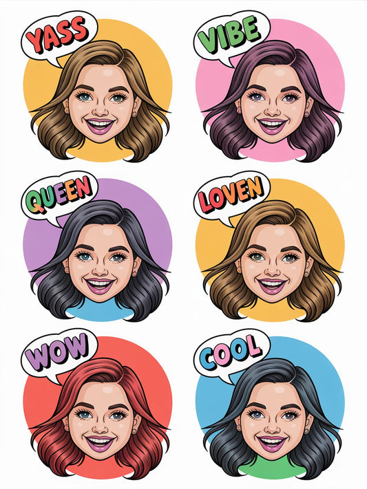 Pop Art Female Face Stickers, Colorful Expressions, Yass Vibe Queen Wow Cool, Trendy Decal Set