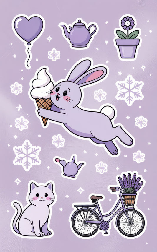 Cute Rabbit Ice Cream Sticker, Kawaii Cat, Bicycle, Teapot, Plant, Vinyl Decal for Laptops and Planners