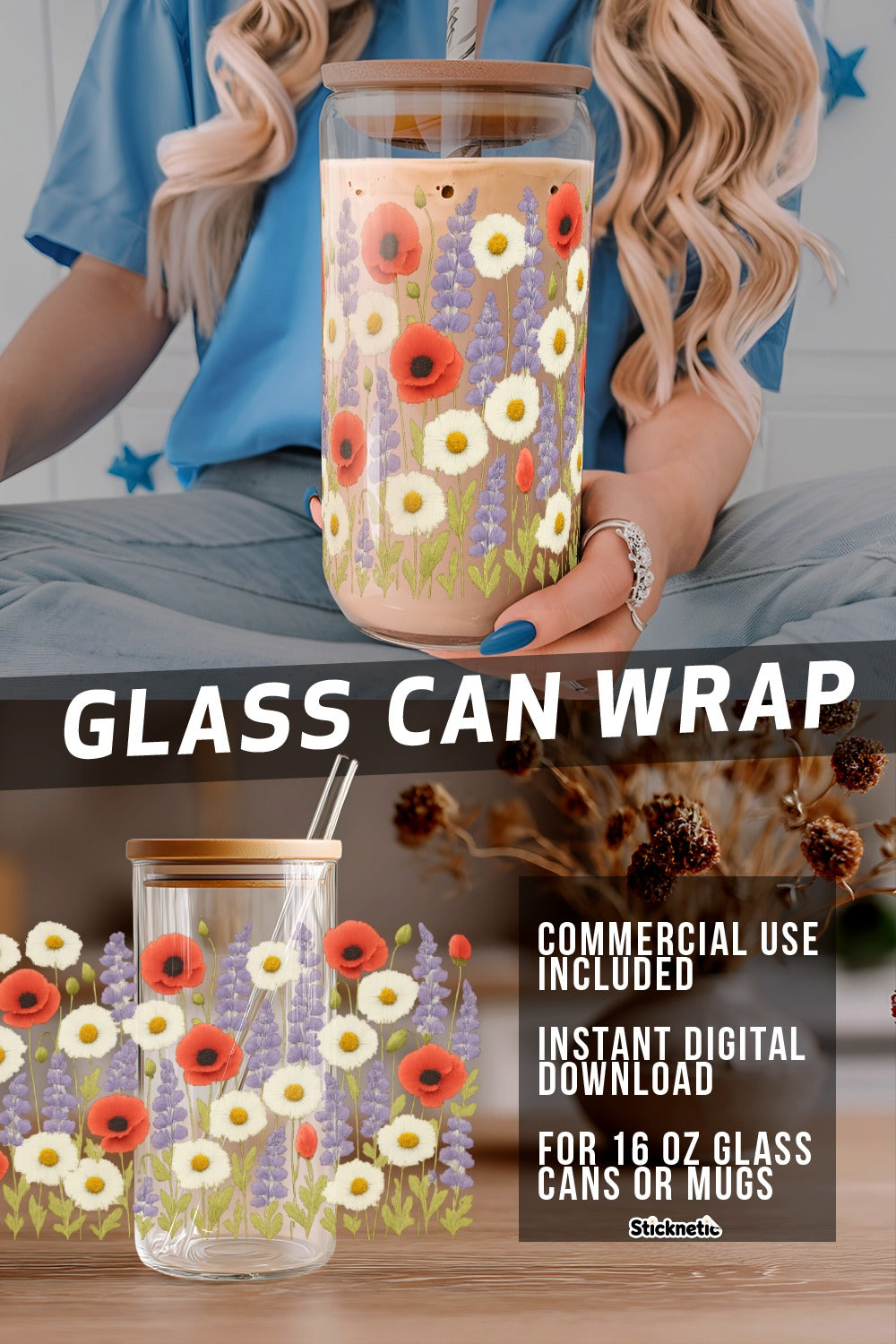 Floral Glass Can Wrap for 16 oz Mugs, Digital Download, Commercial Use, Instant Access