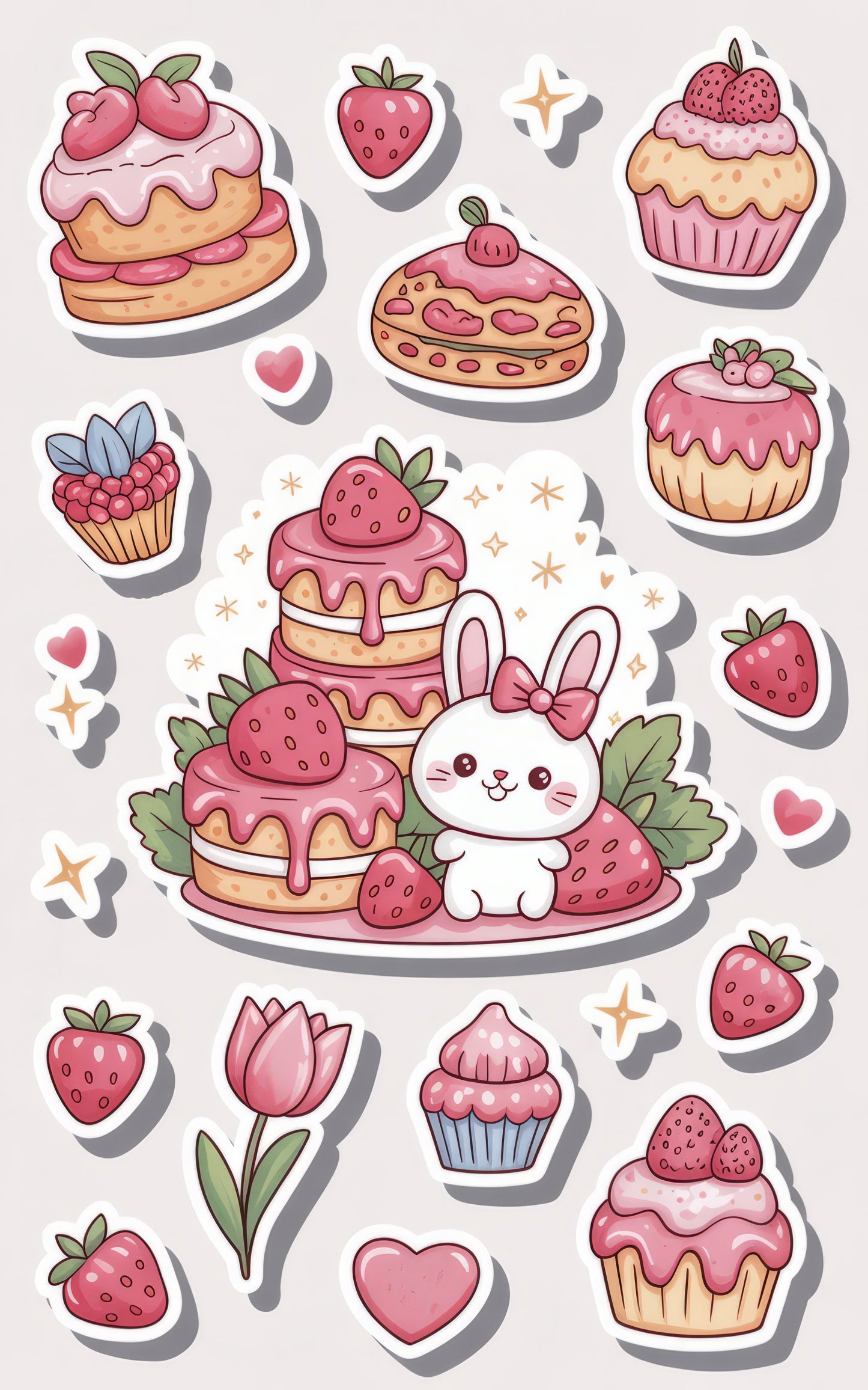 Cute Bunny and Strawberry Dessert Stickers, Kawaii Rabbit Pancake Vinyl Stickers, Cupcake and Pie Decals for Laptop and Journal
