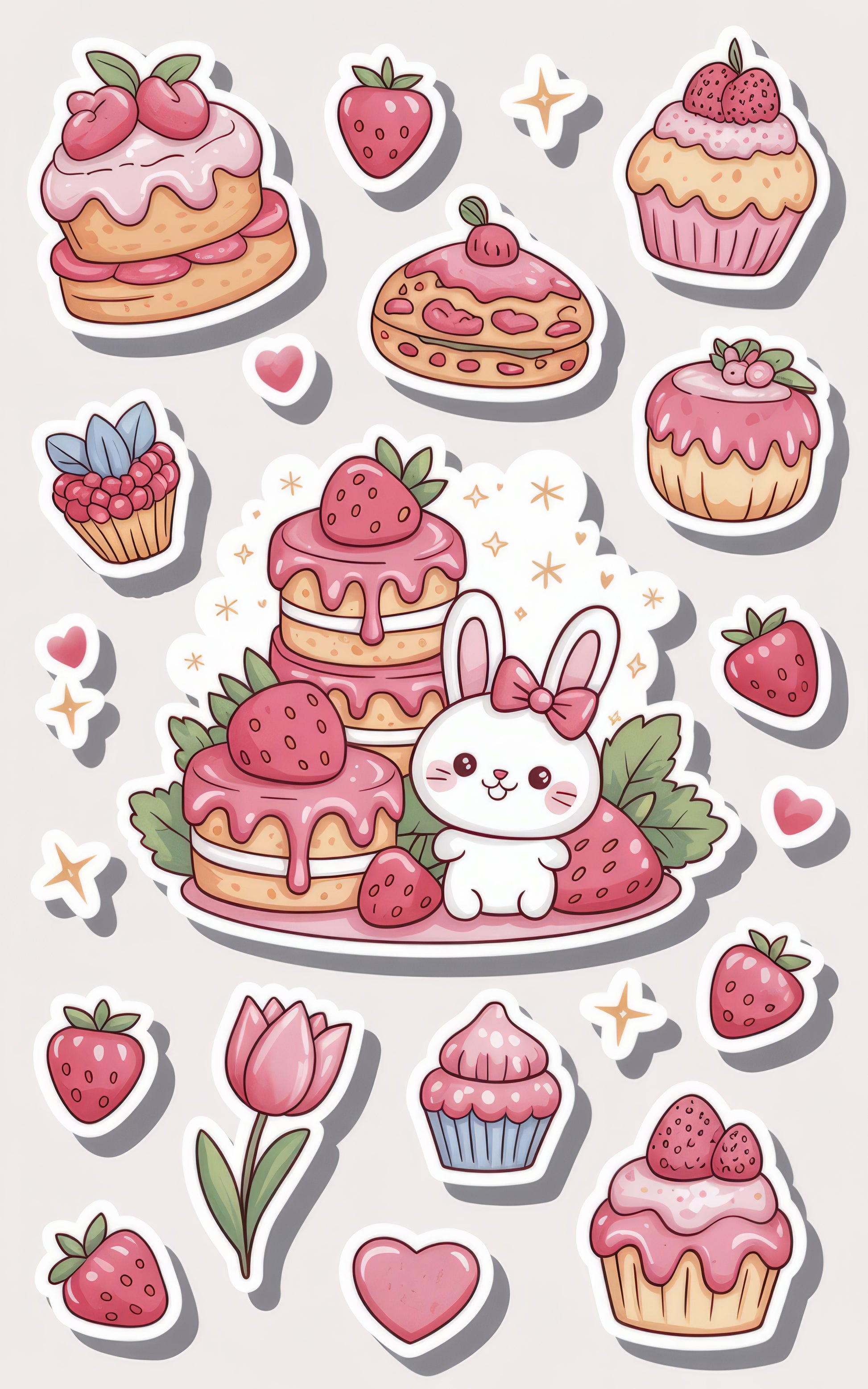 Cute Bunny and Strawberry Dessert Stickers, Kawaii Rabbit Pancake Vinyl Stickers, Cupcake and Pie Decals for Laptop and Journal
