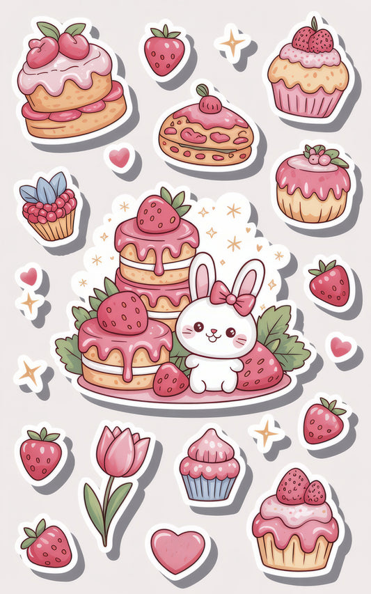 Cute Bunny and Strawberry Dessert Stickers, Kawaii Rabbit Pancake Vinyl Stickers, Cupcake and Pie Decals for Laptop and Journal