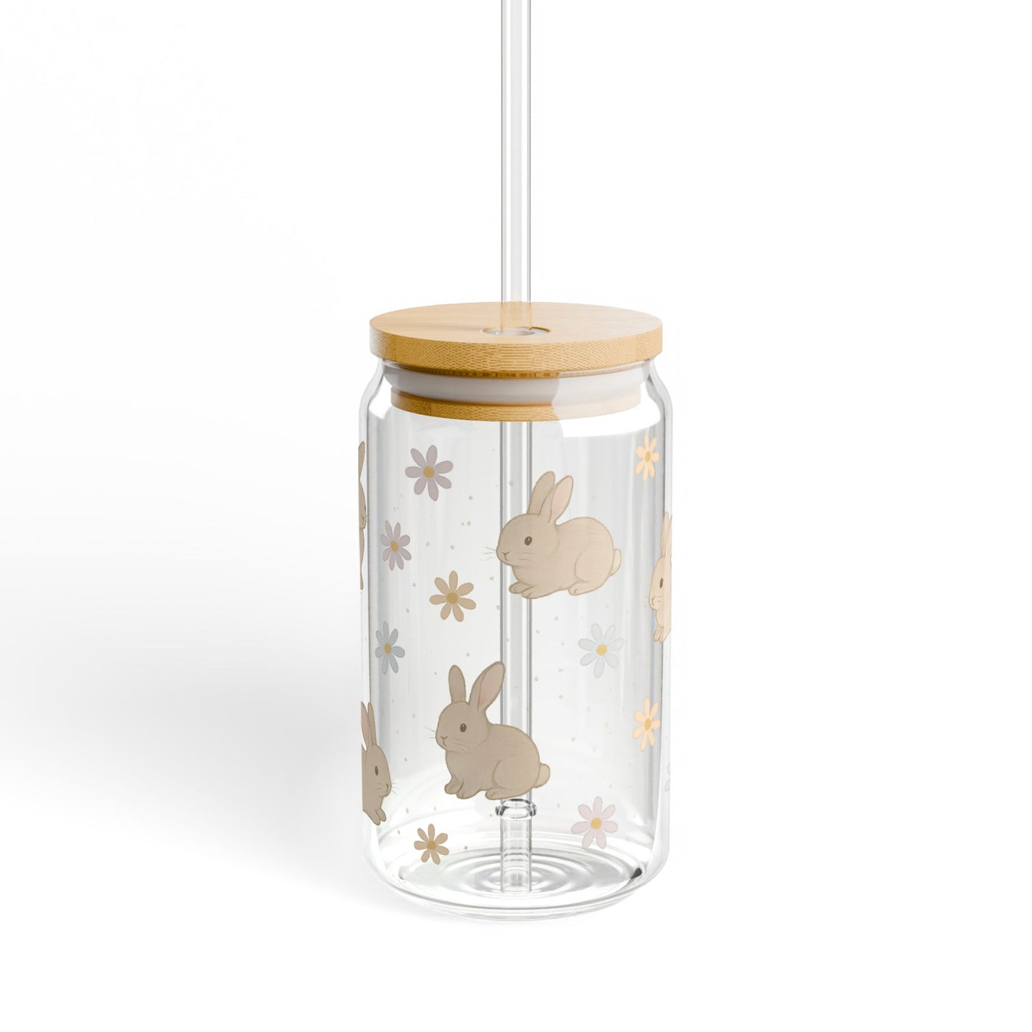 Cute Bunny and Floral Pattern Glass Water Bottle with Bamboo Lid, Eco-Friendly 500ml Drinkware