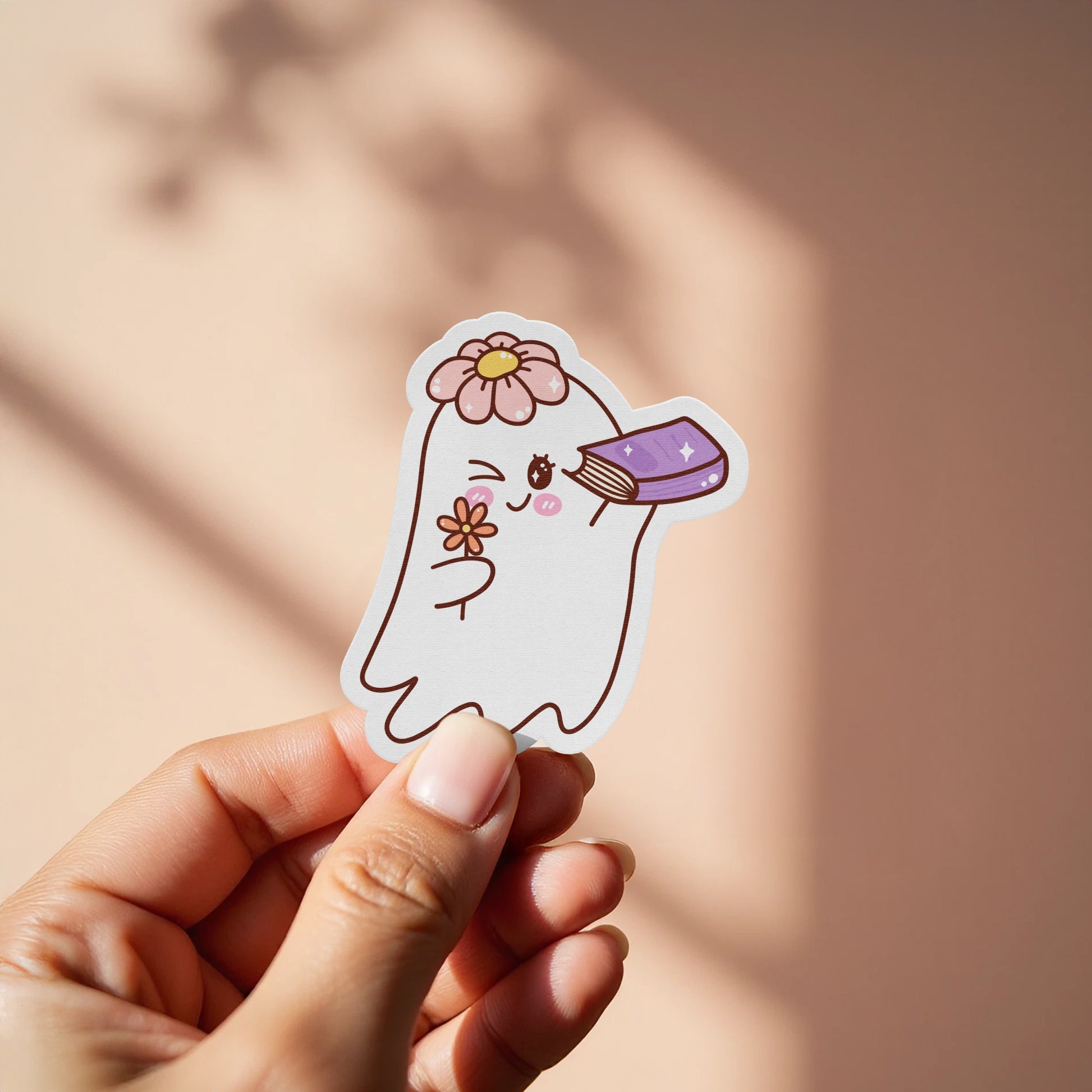 Cute Ghost Holding Book and Flower Sticker product