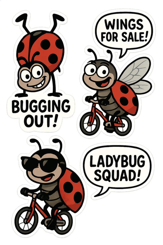 Ladybug Sticker Pack, Cute Cartoon Ladybug Decals, Bicycle, Wings, Vinyl Stickers for Laptops and Scrapbooks