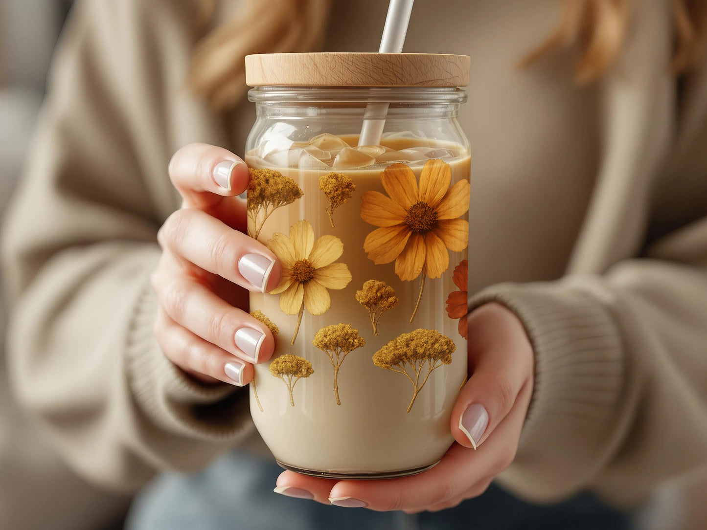 Floral Glass Mason Jar Tumbler, Autumn Flowers Design, Eco-Friendly Reusable Drinkware, Handheld Beverage Container with Straw