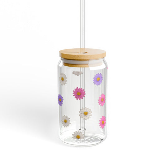 Colorful Daisy Print Glass Jar with Bamboo Lid, Floral Kitchen Storage, Decorative Flower Container