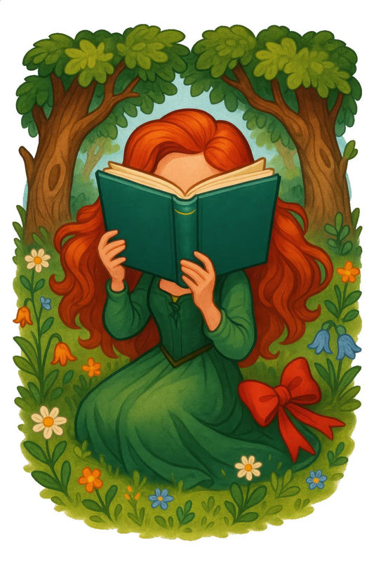 Enchanted Forest Reading Girl Illustration, Whimsical Art Print, Nature Inspired Decor, Fantasy Wall Art for Children's Room